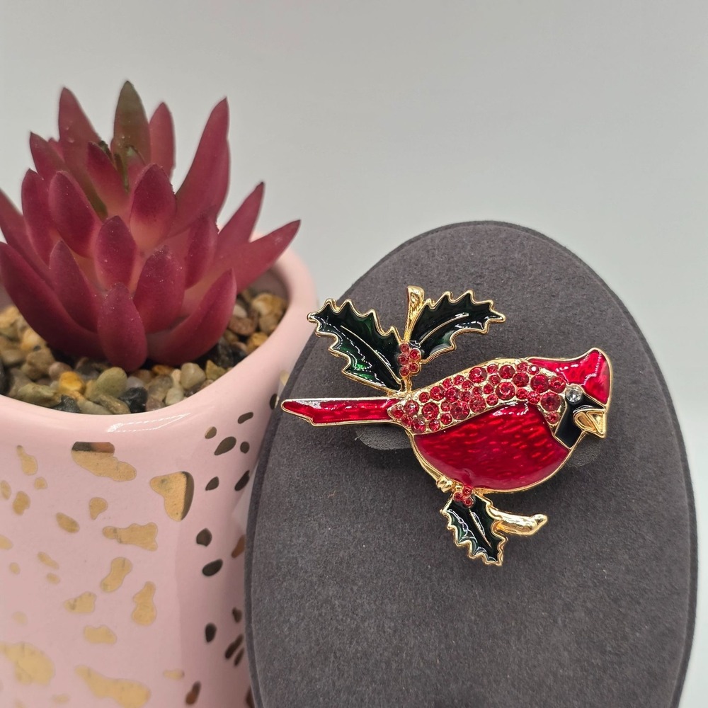 Enamel Rhinestone Red Cardinal Bird Brooch‎ Holly Christmas Holiday Novelty